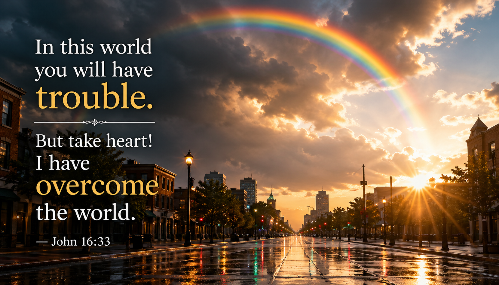Bible verse wallpaper John 16:33 with rainbow appearing through clearing storm clouds over rain-washed city street